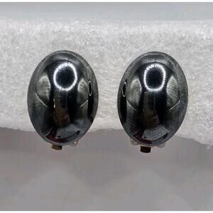 Earrings Vintage Hematite Small Domed Oval Shaped Cabochon Like Clip On SKU 3225